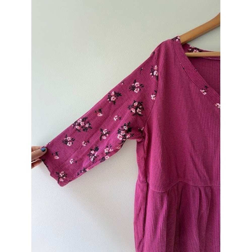 Floral Woman Within Top Women 18/20 Pink Waffle Knit Henley Babydoll Thermal 3/4 - Picture 4 of 5